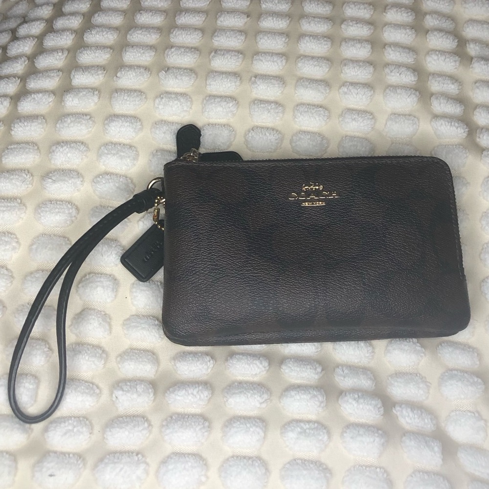 Large Coach Women Double Corner Zip Wristlet Wallet in Signature Canvas Brown